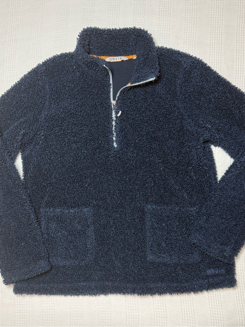 Orvis Women's Sherpa Teddy Bear Fleece Quarter-Zip Pullover Navy Blue Cozy M